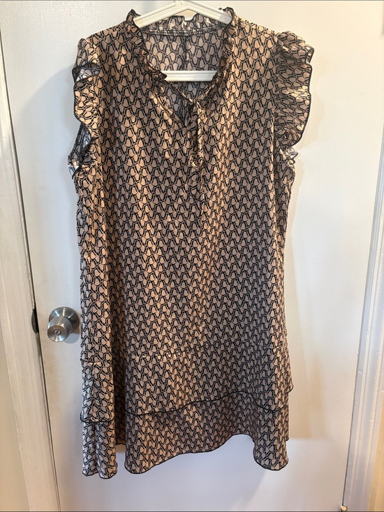 Dresses & Skirts - Beige Black Geometric Print Ruffle Neck Shift Dress